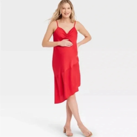 Ingrid & Isabel Maternity Slip Dress Satin Knee Length, Red, Medium. NWOT - Picture 1 of 7